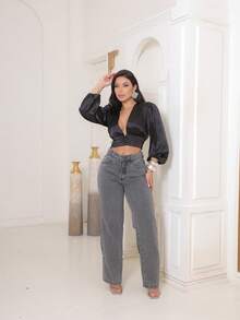 Women's Wide Leg Jeans 100% Premium Thick Fabric Women's Jeans - 灰色 - 查看 4