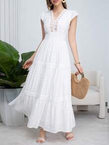 Eilly Bazar 女式 V 领拼布镂空蕾丝边连衣裙，收腰修身，刺绣全长连衣裙 - 白色 - 查看 5