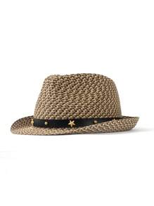 1pc Star Patchwork Bohemian Leather Strap Decorative UV Protection Woven Straw Panama Hat, Western Cowboy Sun Hat, Fashionable All-Match For Men And Women, All Seasons