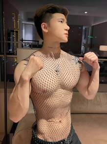 1pc Men's Sequined Sexy Sheer Mesh Hollow-Out Strap Vest Top, Clubwear, Party Outfit, For Displaying Chest Muscles, Also Suitable For Women