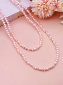 1pc Long Beaded Faux Pearl Necklace, Fashionable White Layered Versatile Pearl Necklace - Pink - View 10
