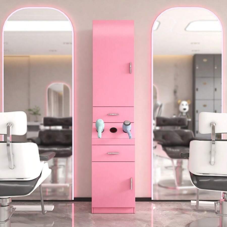 4 -Layer Salon Storage Cabinet,Beauty Barber Salon Styling Station Organizer Equipment,Hair Stylist Station Set With 2 Hair Dryer Holders,4 Drawers And Raised Table Legs - Pink + Particle Board+MDF - View 1