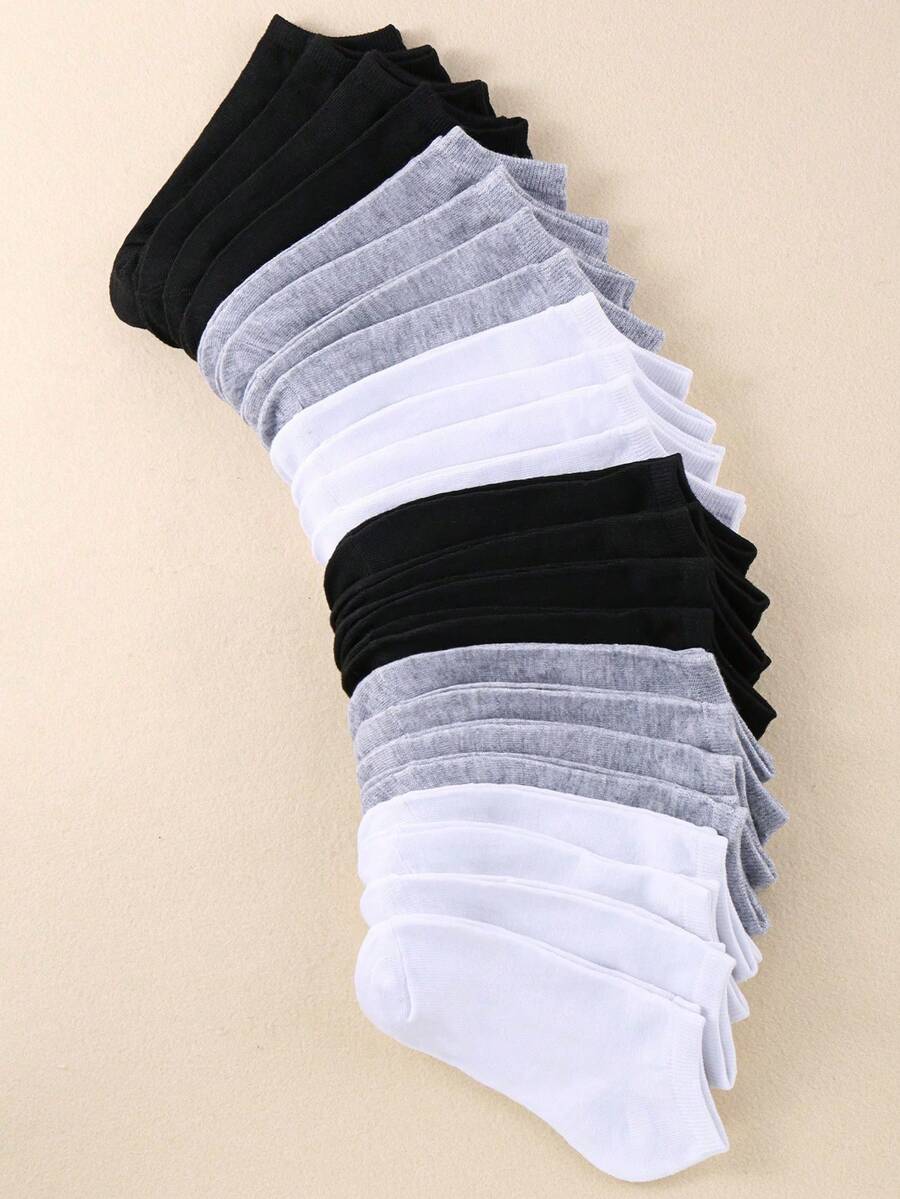 30 Pairs Ladies' Solid Black White Gray Color Ankle Socks, Versatile Casual Invisible Socks, Comfortable Soft Breathable Sweat-Absorbing Odor-Resistant Non-Slip, For Spring/Summer/Autumn, Unisex, Suitable For Home/Outdoor/Sports - Multicolor - View 1