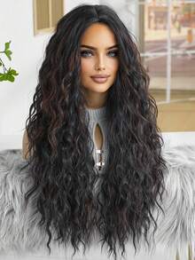 28 英寸长黑栗色多色卷发假发，带有亮点，女士浪漫美丽蓬松合成耐热假发，非常适合日常生活、派对、假日旅行、音乐节和节日礼物。 - 彩色 - 查看 5