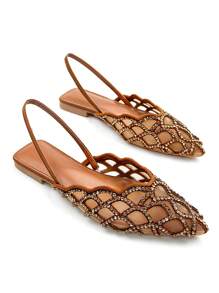 Damen elegante völlig mit Strass verzierte, Cut Out ausgeschnittene braune Wildleder Mesh geschlossene Zehenschuhe mit Slip-On, bequem für täglichen Tragen und Party
