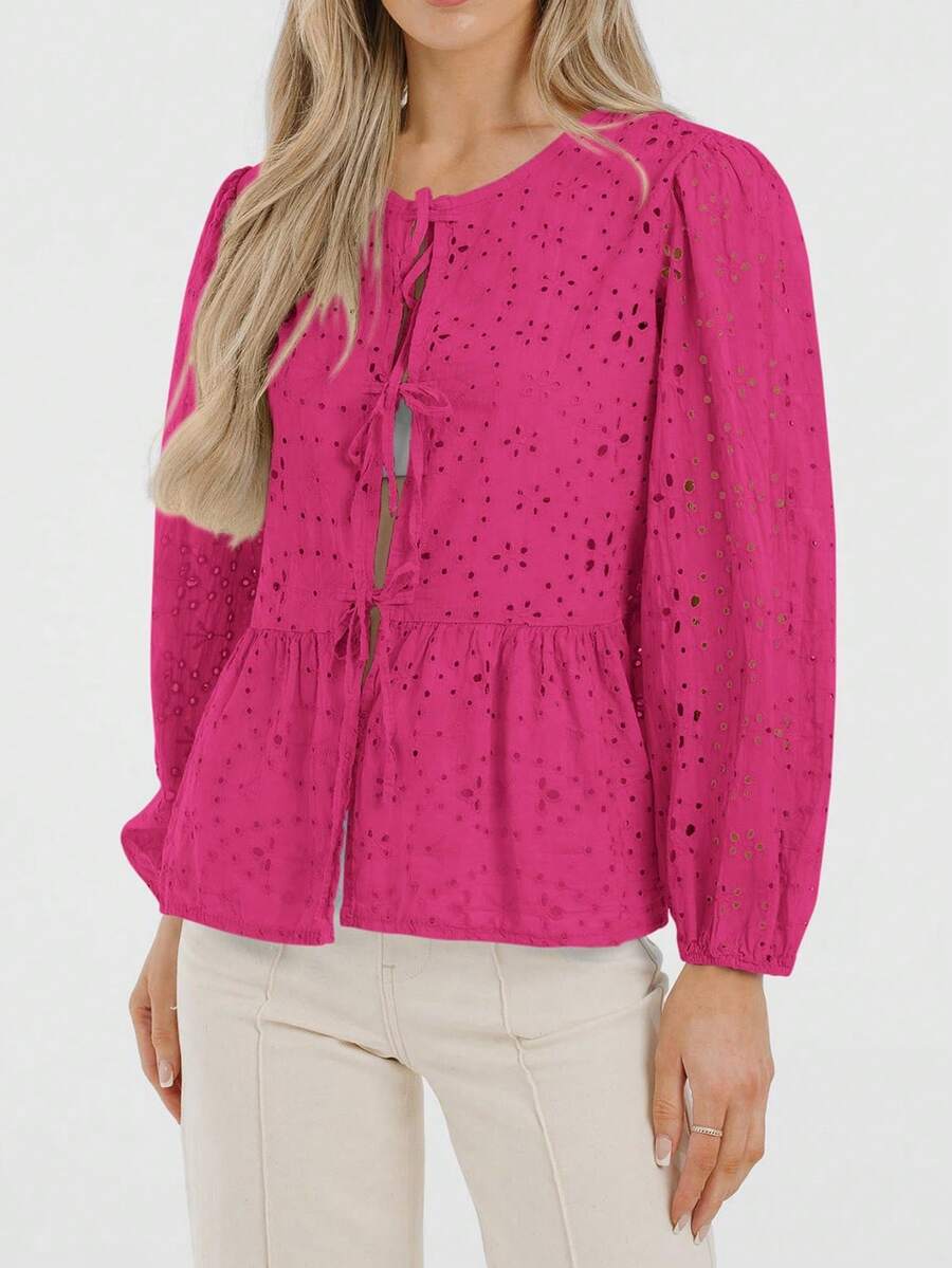 Women's Spring Tops Casual Tie Front Bowknot Sleeve Round Eyelet Polka Dot Blouse - 玫紅色 - 查看 1