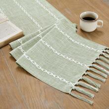 1 peça Toalha de mesa de linho estilo country, caminho de mesa bordado de fazenda com borlas feitas à mão, 182,4 cm de comprimento, adequada para festas, cômodas e decoração de sala de jantar (33,0 cm x 182,4 cm)