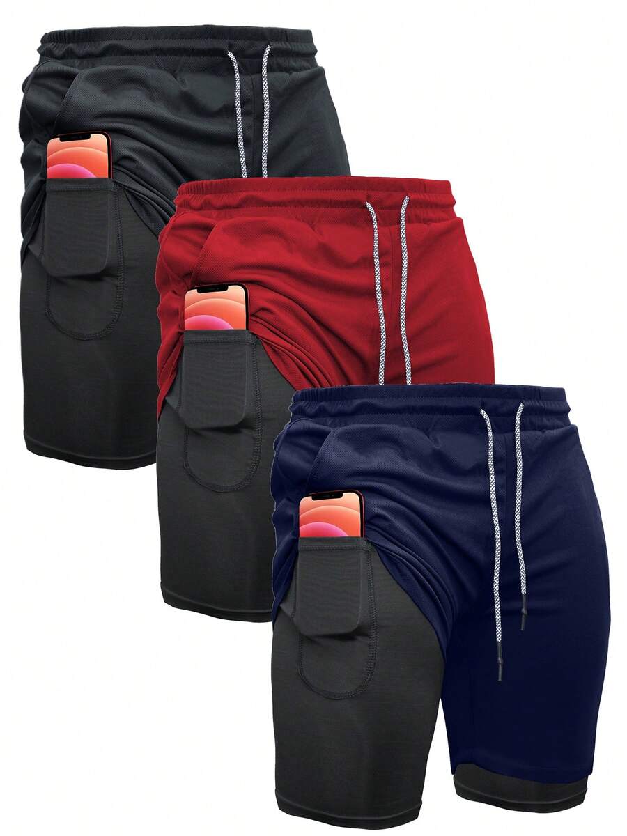 3-Piece Set Mens Running Shorts,2-In-1 Shorts,Workout Running Shorts For Men,7-Inch Gym Yoga Outdoor Sports Shorts - Black+Red+Navy - View 1