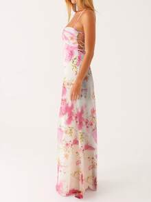 Women Spaghetti Strap Floral Print Maxi Dress Sleeveless Backless Cami Long Dress Summer Cross Tie-Up Party Dresses - Màu be - Xem 3