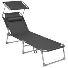 SONGMICS Bain de Soleil, Chaise Longue Pliable, Transat, 193 x 53 x 29 cm, Capacité 150 kg, Pare-Soleil, Dossier Inclinable, Jardin, Piscine, Terrasse, Rouge/ Bleu/ Noir/ Taupe/ Grège - Gris foncé - Voir 2