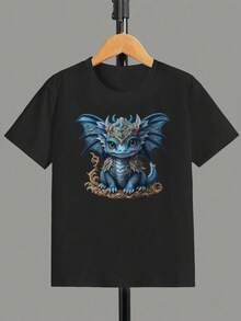Boys Blue Baby Dragon Chibi Cute Dragon Kids Short Sleeve TShirt Adorable Mythical Creature Design Fantasy Art Graphic Tee Blue Little Dragon Kawaii Dragon Print Gift - Black - View 2