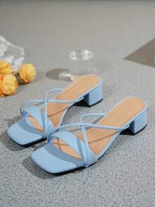 Women's Black High Heels, Sandals, Simple Chunky Heel Lace-Up Mule Sandals For Summer - Blue - View 5