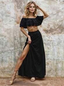 Conjunto de Dos Piezas con Top de Volantes y Falda Larga Casual para Mujer Primavera / Verano - Negro - Ver 3