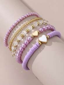 5pcs Girls Cute Creative Fashion Delicate Pearl Butterfly Shell Beaded Bracelet Set - Purple - View 5