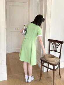 1 Pc Teen Girl's Polo Collar Floral Print Casual Dress, Stylish & Slim-Flattering - Green - View 2