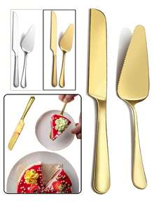 1/2 件金色不锈钢餐具，奶酪面包刀和铲子套装，蛋糕刀和铲子套装，蛋糕切具套装，披萨铲，甜点蛋糕刀，适用于披萨、蛋糕、馅饼、面包，非常适合餐厅、婚礼、生日宴会、派对、圣诞礼物、感恩节、厨房、返校圣诞礼物、学校用品