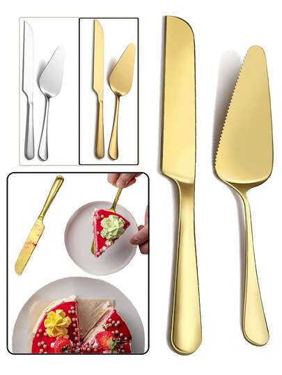 1/2 件金色不锈钢餐具，奶酪面包刀和铲子套装，蛋糕刀和铲子套装，蛋糕切具套装，披萨铲，甜点蛋糕刀，适用于披萨、蛋糕、馅饼、面包，非常适合餐厅、婚礼、生日宴会、派对、圣诞礼物、感恩节、厨房、返校圣诞礼物、学校用品