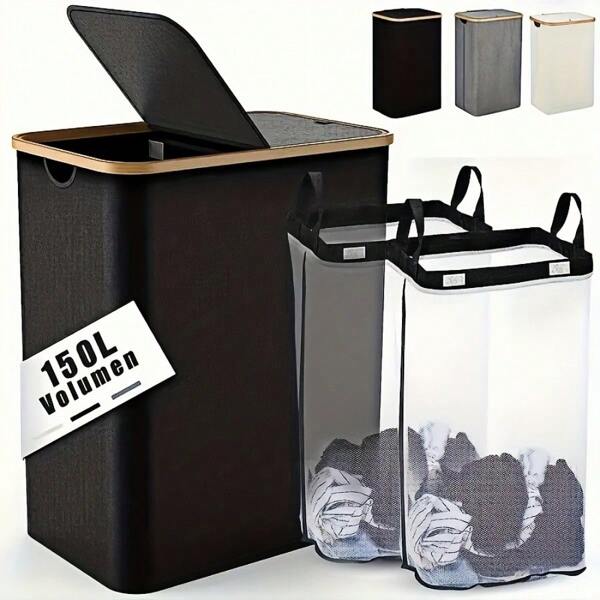 Extra Large Double Layer Covered Laundry Hamper With 2 Small Mesh Bags, Removable & Washable Lining, Foldable For Space Saving, Dirty Clothes Basket, Storage Container For Modern Bathroom, Room, Bedroom, Multipurpose Organizer Container For Laundry Room