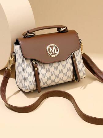 Retro Minimalist Printed Crossbody Bag, Adjustable PU Shoulder Strap, Flap Closure , Small Bags