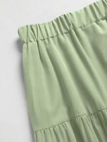 EARO 女款纯色简约休闲通勤百搭多层喇叭编织松紧腰高腰过膝长裙，秋冬假期设计，高端 - 查看 6