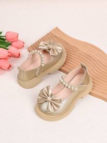 女童秋季新款皮鞋蝴蝶结公主鞋宝宝休闲乐福鞋 - 金色 - 查看 3