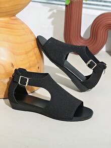 Girl's Retro Rhinestone Roman Sandals, Summer One-Buckle Soft Bottom Round Toe Platform Beach Slippers - Black - View 5