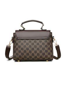 复古简约印花斜挎包，配有可调节 PU 肩带和翻盖开合