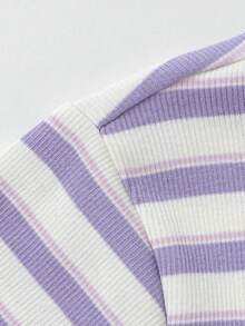 Balabala Girls' Ruffled Stripe Tee, Sweet & Breathable Summer Wear - Purple and White - View 4