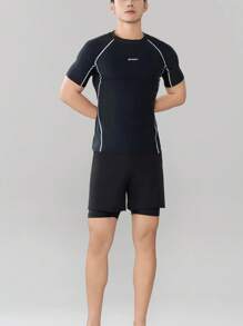 2 peças Top e Shorts de Maiô Bikini Masculino com Estampa de Letras e Cor Sólida, de Manga Curta, Esportivo e Lazer, Alta Elasticidade e Ajuste Slim, para Praia, Piscina, Festa, Férias, Primavera/Verão