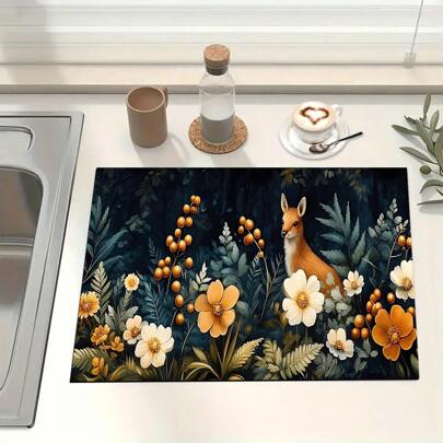 1 pieza Alfombra absorbente con estampado floral/Alfombra de secado, Protector de mesa de poliéster para encimera de cocina, cafetera, utensilios - Mantel individual para barra del hogar y mesa de comedor