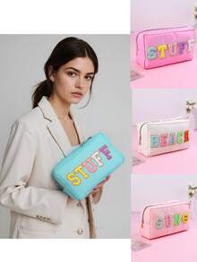 1pc Best-Selling Waterproof Large Capacity Embroidered Letter Cosmetic Bag, Toiletry Pouch - Multicolor - View 2