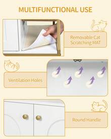 HaluPeit Cat Litter Box Enclosure With Cat Tree, 4-In-1 Modern Cat House With Large Platform, Cat Condo With Sisal Scratching Mat, Posts, Stairs And Pompom, Washable Cushions, White And Gold - White - View 6