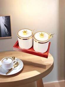 1pc Vintage Style Kitchen Spice Jars With Golden Trim - Brown Wood Tray Spice Jar Crown Top - View 6