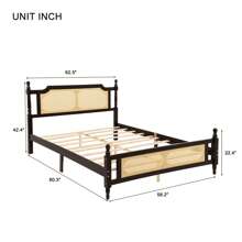 Queen Pine Wooden Bed With Rattan Headboard And Footboard, With Central Enhanced Bed Platform,Espresso
