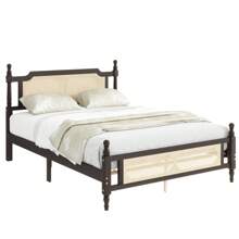 Queen Pine Wooden Bed With Rattan Headboard And Footboard, With Central Enhanced Bed Platform,Espresso