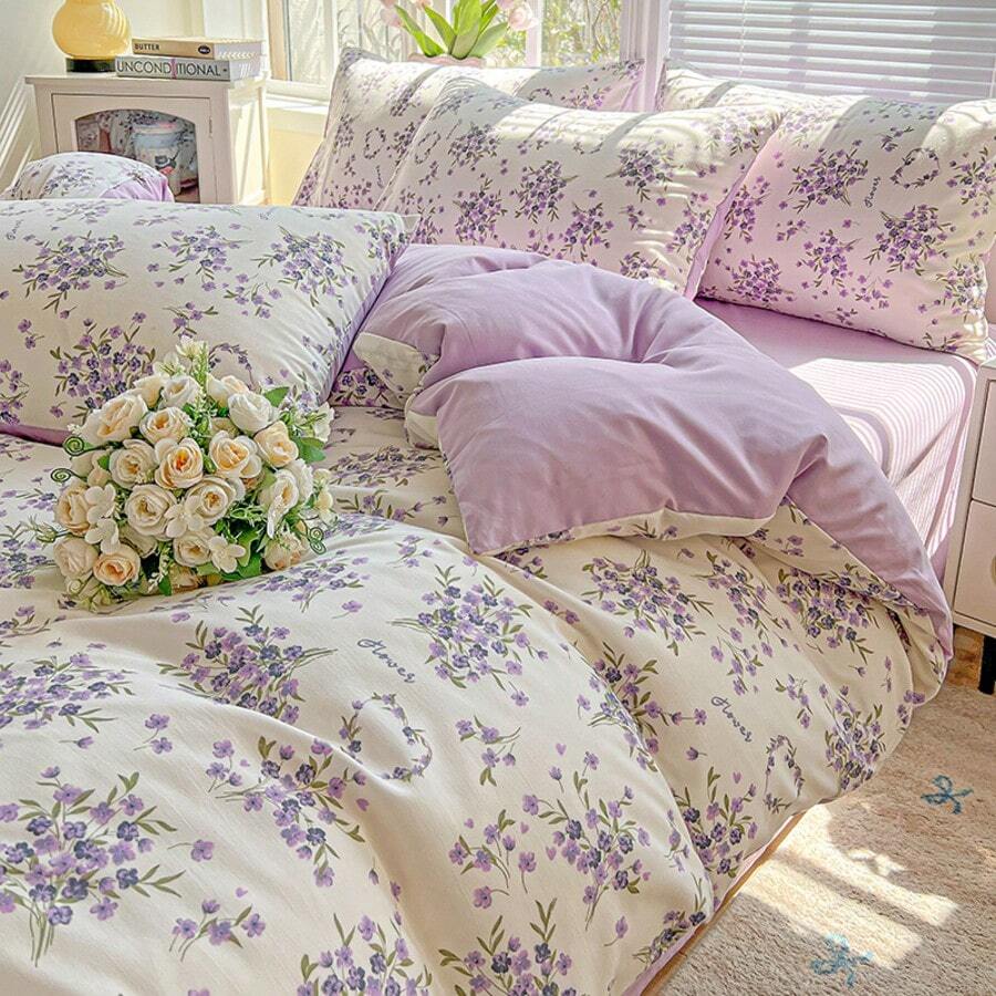 1pc Soft And Comfortable Ins Style Wrinkle Washed Ditsy Floral Pattern Duvet Cover, Double-Layer Gauze Single Quilt Cover