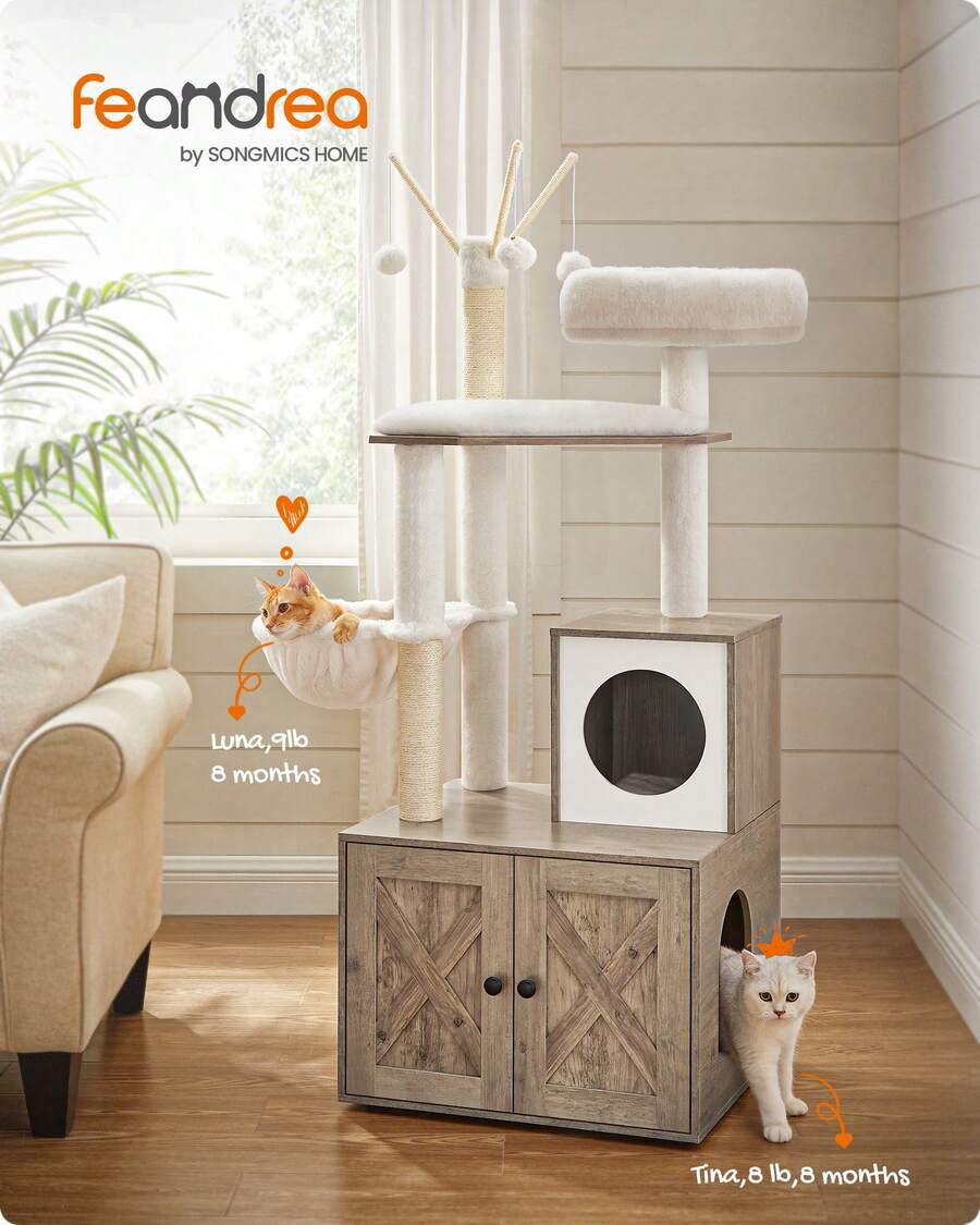Feandrea Cat Tree With Litter Box Enclosure, 2-In-1 Modern Cat Tower, 55.1-Inch Cat Condo With Scratching Posts, Removable Pompom Sticks, Greige - Grey - View 1