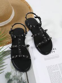 Women's Fashion Open Toe Sandals With Strap, Rivet, Memory Foam Insole, Sexy And Casual Black Flat Sandals
