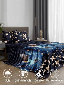 4件套海军蓝彩色蝴蝶图案床上用品套装，柔软超细纤维易护理床单套装，花卉图案被套套装（1张床单+1张床笠+2个枕套），送给父母、朋友、宿舍、返校季的礼物 - 藍色 - 查看 7