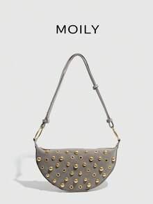 Punk Street Style Rivet Adjustable Strap Women Crossbody Saddle Bag - Light Grey - View 6