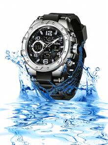 BIDEN 男士双显石英表，配备闹钟、计时器和多功能夜光功能，适合学生户外活动 - 黑色 - 查看 7