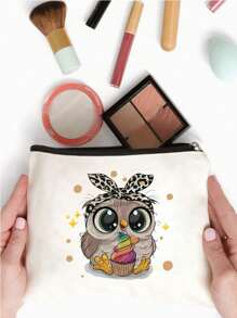 Cute Owl Who Loves Ice Cream Letter Cartoon Printed Cosmetic Bag, Cosmetic Bag, Print Cosmetic Bag, Makeup Bag, Gift For Girls, Cute Retro Simple Fashion Letter Pattern Printed Bag Storage Bag, Cosmetic Pouch For Small Items Storage, Storage Bag Suitable For Personal Travel Cosmetics Storage, For Holiday Beach, Bathroom Collection, Bedroom Collection, Large Capacity