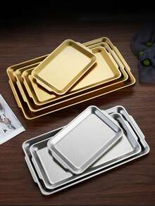 1pc Rectangular Stainless Steel Serving Tray, Thick & Sturdy, Korean Style, For Home, Hotel, Restaurant Decoration, BBQ, Sushi Display - Multicolor - View 7