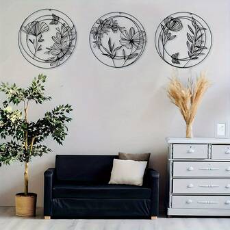 3 件套现代简约黑色金属墙饰，抽象花卉悬挂装饰，适用于厨房客厅，无需电源，春夏家居装饰