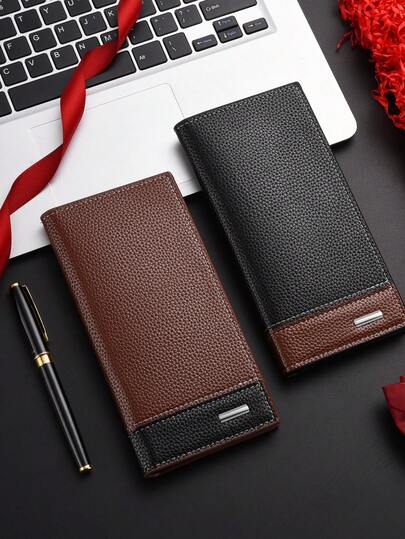  Men's Vintage Long Bifold Wallet PU Leather Litchi Texture Purse Multi-Card Slot Business Money Clip 