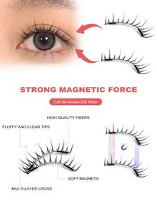 MAGEFY 3对磁吸式假睫毛套装，带夹子，可重复使用，自然漫画风格，夹子式，自然尖刺漫画风格，猫眼蓬松柔软假睫毛，假睫毛条，自然柔软交叉蓬松假睫毛，自然纤长、卷翘、放大双眼，适合女性旅行、派对等场合使用，自然睫毛混合设计 - 黑色 - 查看 8