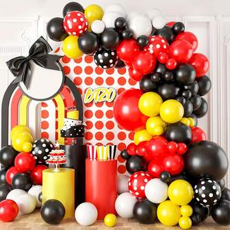 112pcs Amusement Park Theme Balloon Arch Set, Summer Celebration, Red, Yellow, Black, White, Round Balloons, Suitable For Birthday Party, Graduation Ceremony