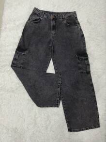 Calça jeans feminina cargo de wide leg de cintura alta  plus size com mamorizada grafite