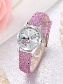 2pcs/Set Simple Children's Butterfly Face Quartz Watch And RhinRhinestones Bracelet - A Gift For Children - Pink - View 2