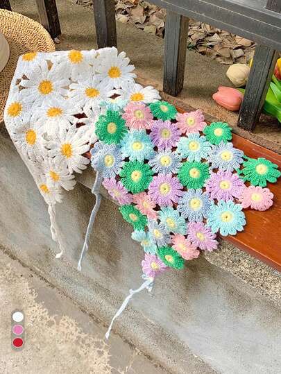 1 pieza Pañuelo de punto hecho a mano con margarita blanca, bufanda triangular calada con diseño floral artístico para mujer, ideal para primavera/otoño, estilo vintage campestre, adecuado para la playa, accesorio de cabello esencial para vacaciones con estilo francés, diademas de verano